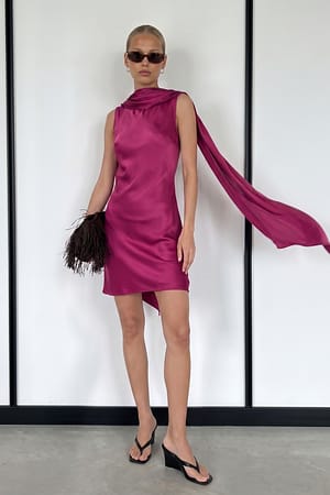 Fuchsia Pink Scarf Detail Satin Mini Dress