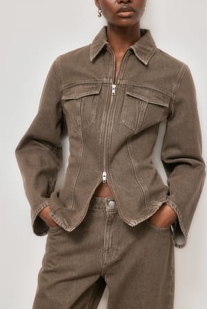 Washed Brown Seam Detail Denim Jacket