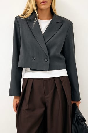 Grey Melange Kurzer Oversized Zweireihiger Blazer
