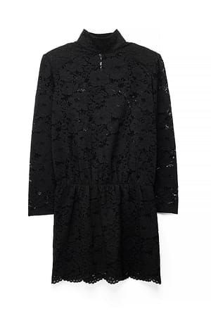 Black Shoulder Pad Lace Mini Dress