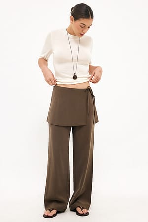 Khaki Green Skirt Detail Wide Leg Pants