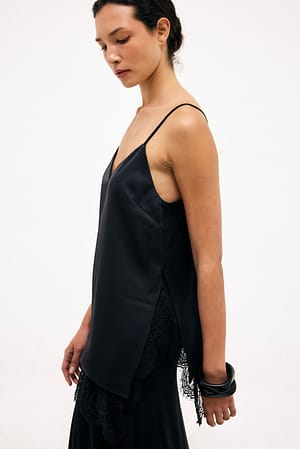 Black Slit Detail Lace Singlet