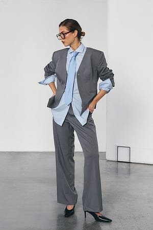 Dark Grey Straight Leg Mid Waist Suit Pants