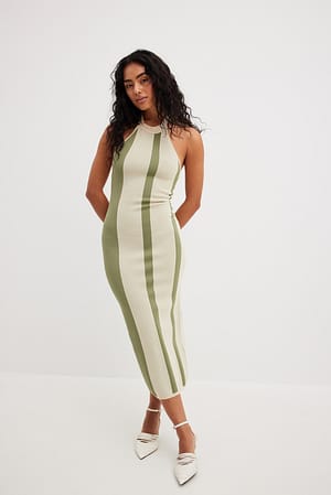 Light Beige Striped Knitted Halterneck Midi Dress