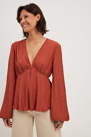 Rust Gestructureerde blouse met V-hals en lange mouwen