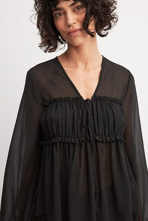 Black Tie Detail Balloon Sleeve Blouse