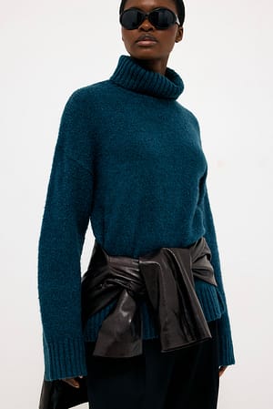 Teal Turtle Neck Wool Blend Knitted Sweater