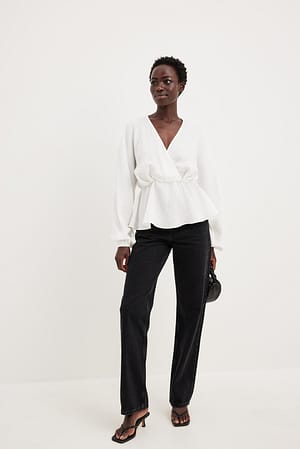 Cream V-neck Gathered Waist Blouse