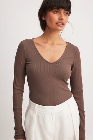 V-Neck Ribbed Long Sleeve Top