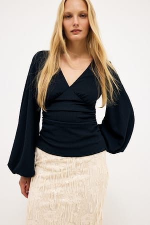 Navy Blouse à manches volumineuses