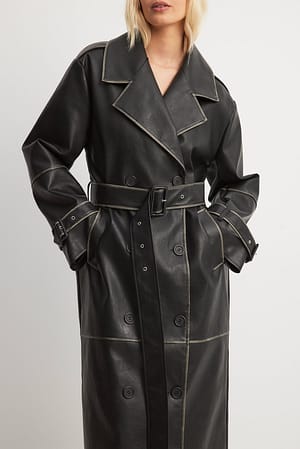 Black Ausgewaschener PU-Trenchcoat