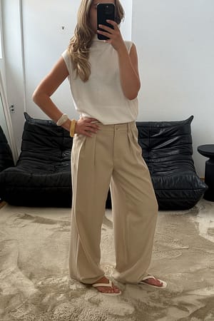 Light Beige Wide High Waist Melange Pants