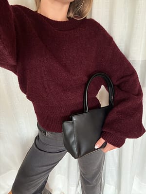 Wine Red Wool Blend Balloon Sleeve Knitted Sweater