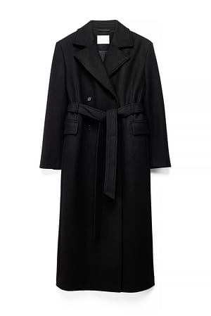 Black Wool Blend Belted Coat