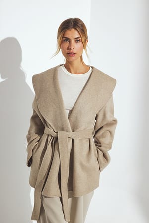 Beige Wool Blend Belted Short Coat