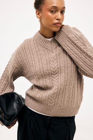 Beige Melange Uldblandet kabelstrikket sweater