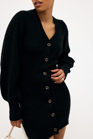 Black Wool Blend Knitted Cardigan Mini Dress