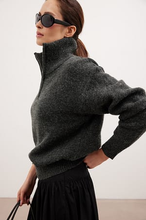Dark Grey Melange Wollen mix trui met rits