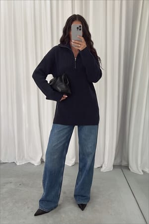 Navy Reißverschluss Detaillierter Langer Strickpullover