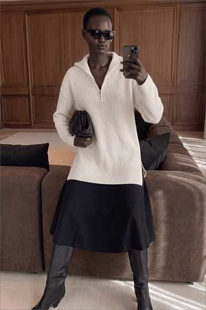 Offwhite Reißverschluss Detaillierter Langer Strickpullover
