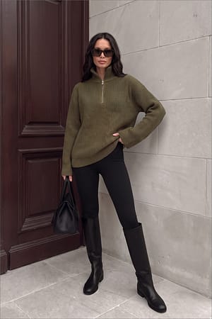 Moss Green Zipper Detailed Long Knitted Sweater