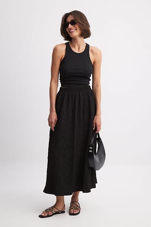 Black Elastic Waist Structured Midi Skirt