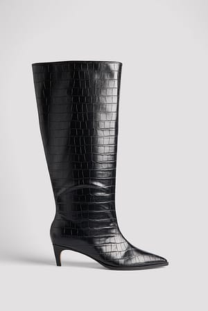 Black Knehøye støvler med krokodillemønster