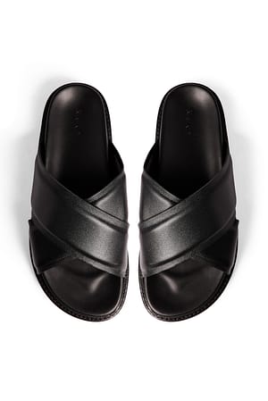 Black Leather Padded Crossed Strap Slippers