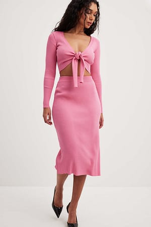 Strong Pink Wide Rib Knitted Midi Skirt