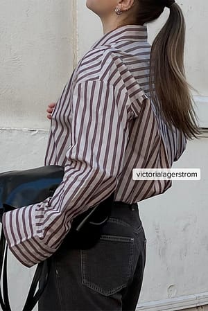 Beige/Burgundy Stripe Bawełniana koszula oversize z długim rękawem