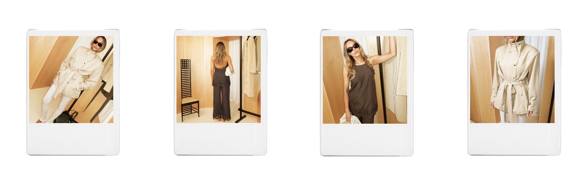 Polaroid-style collage featuring neutral womenswear outfits in a contemporary fitting room