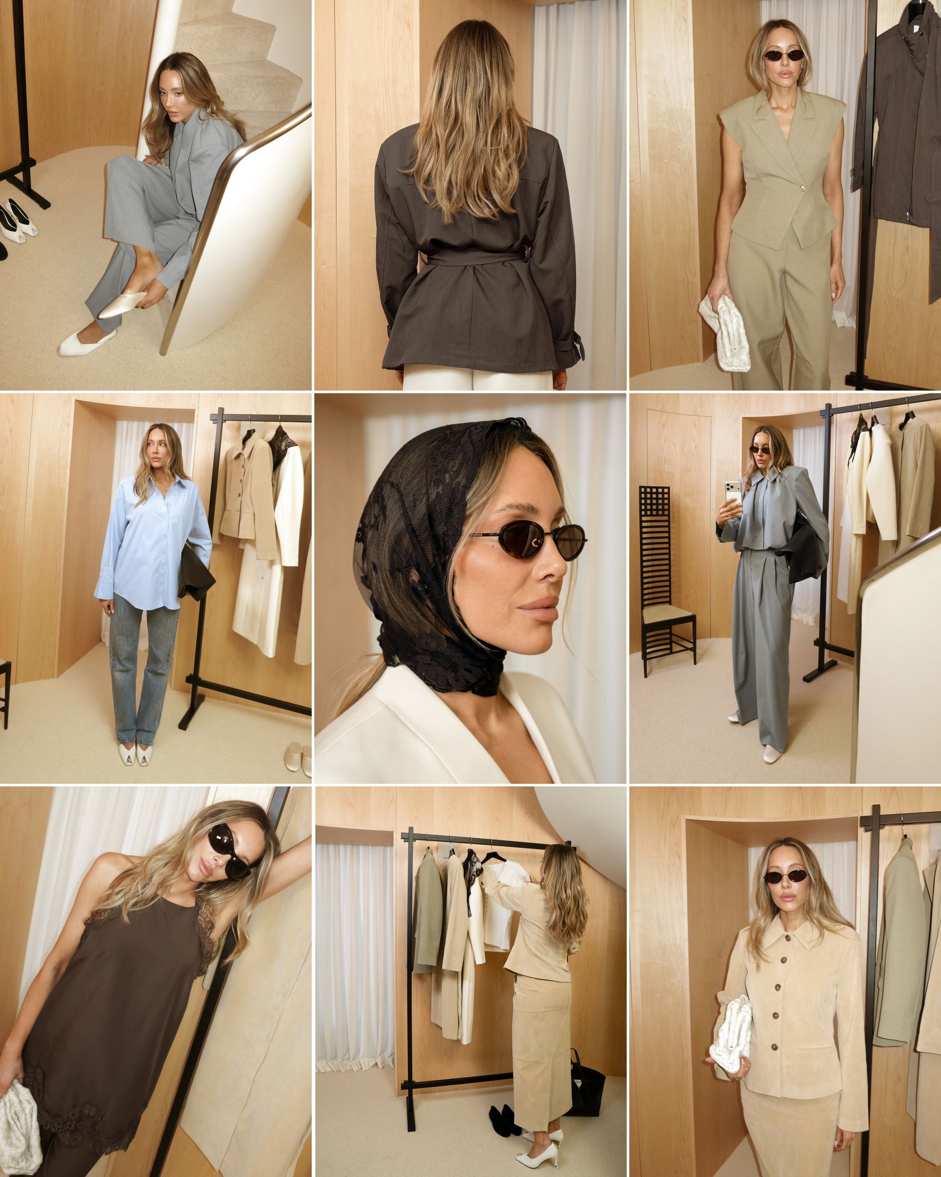 Editorial collage of neutral capsule wardrobe outfits including grey suit and beige tailoring