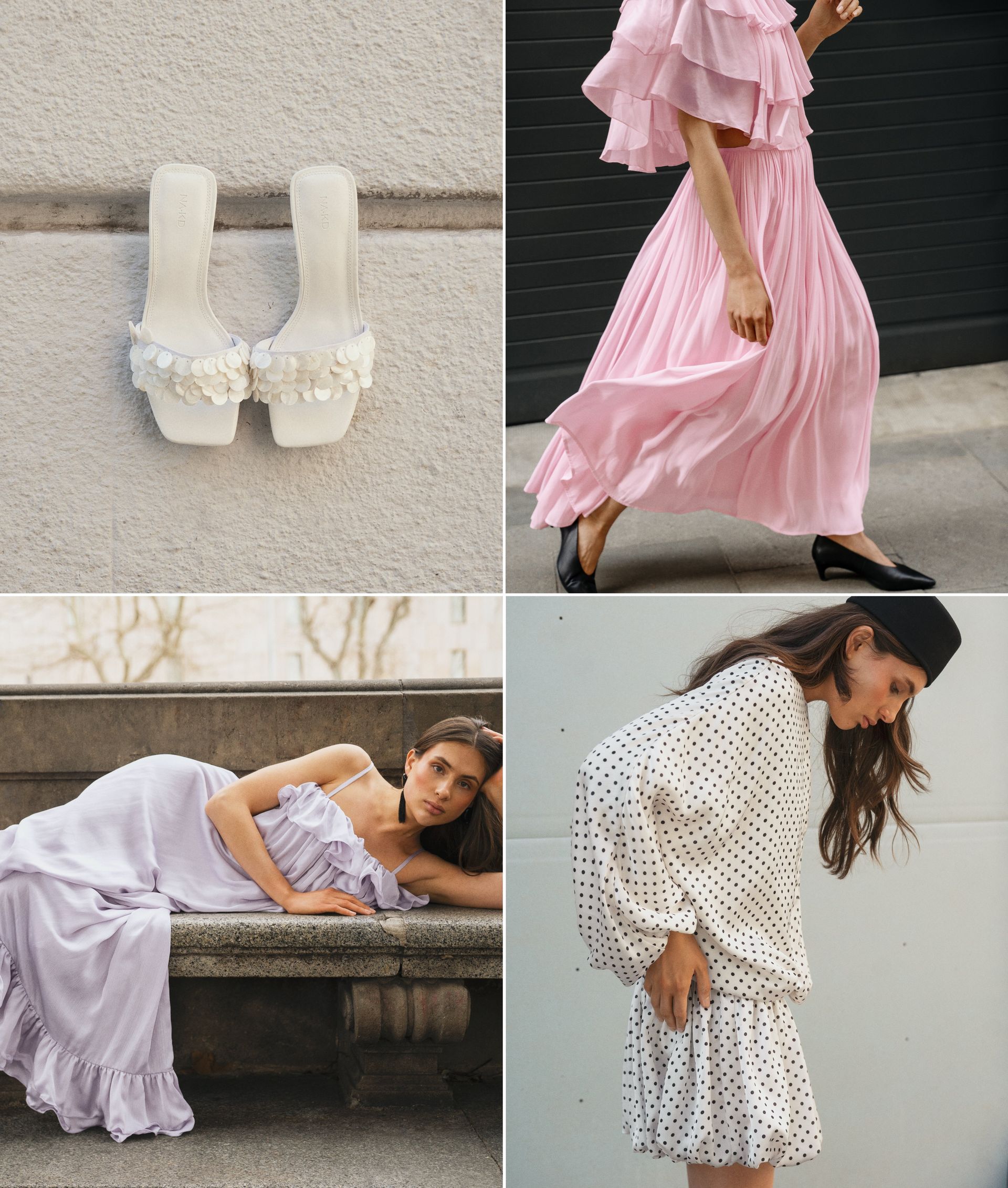 Collage featuring white heeled sandals, a pink pleated dress in motion, a model in lilac ruffled gown laying on a bench, and a polka dot dress