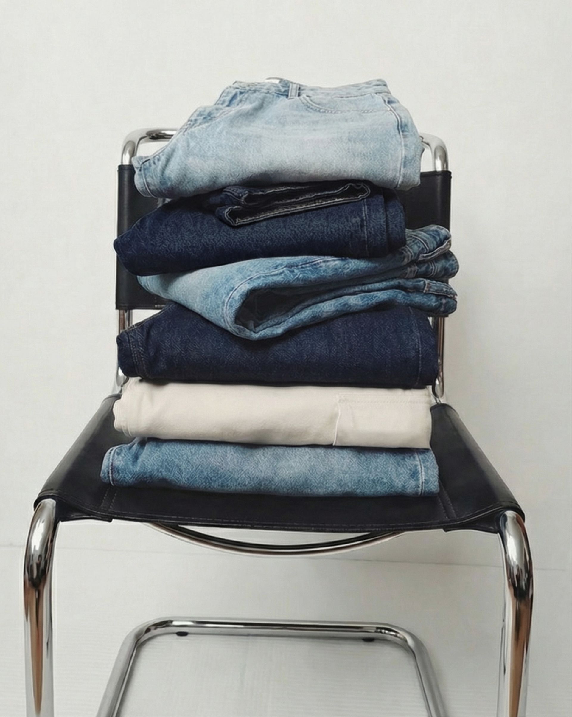 Stack of folded blue jeans placed on modern chrome chair in minimalist studio