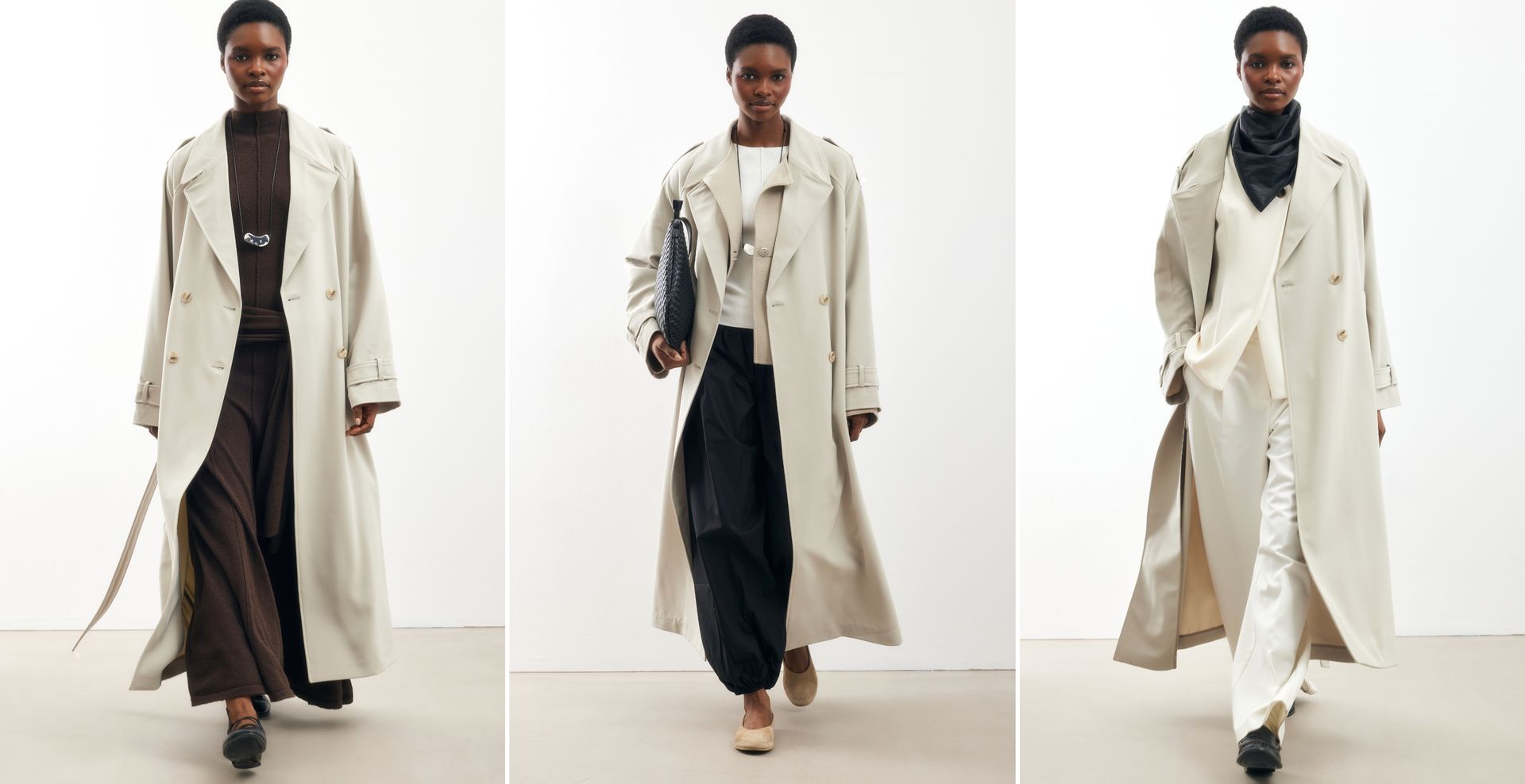 Three outfit styling ideas with a beige trench coat, including brown knit set, black trousers with flats, and cream monochrome look.