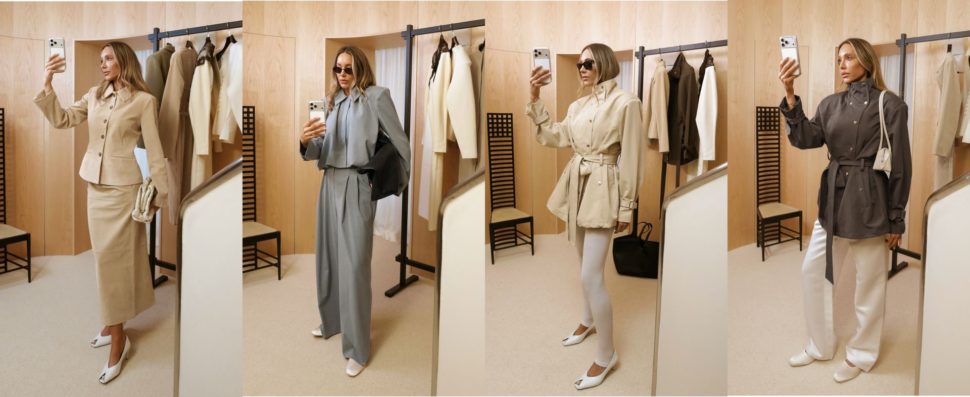 Fashion collage of woman styling neutral tailored outfits in a modern dressing room with clothing rack and minimalist decor