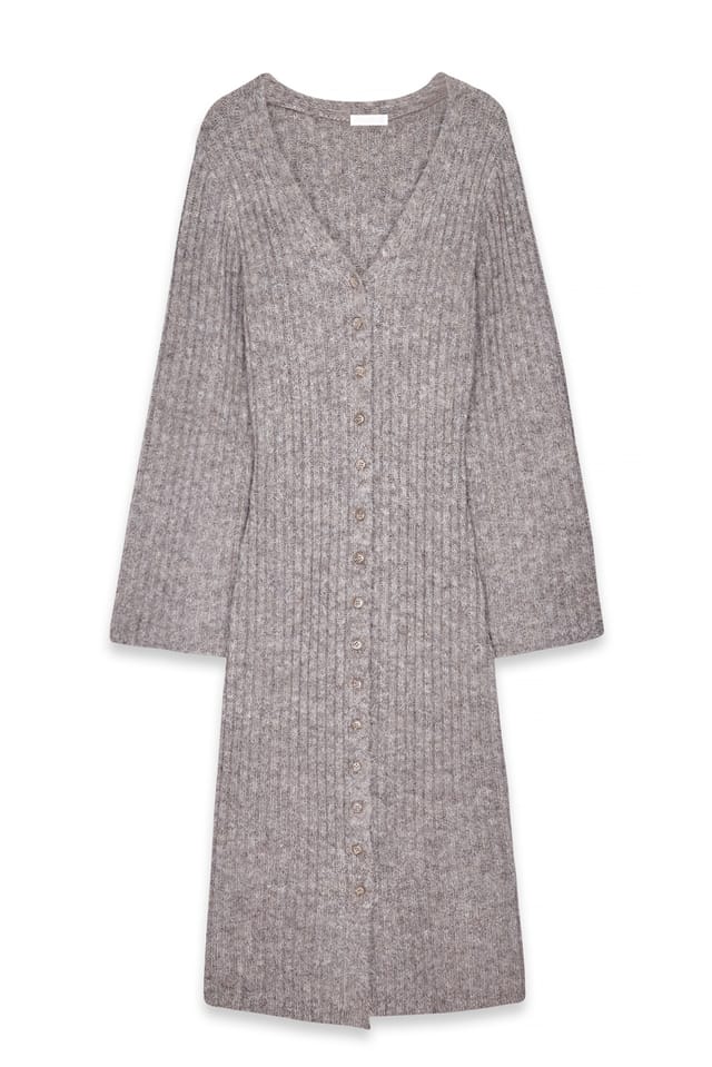 Beige Melange Knitted Wool Blend Cardigan Maxi Dress