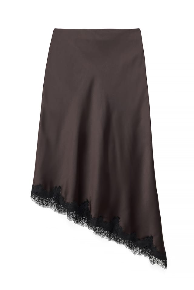 Brown asymmetrischer Satin-Midirock mit Spitze