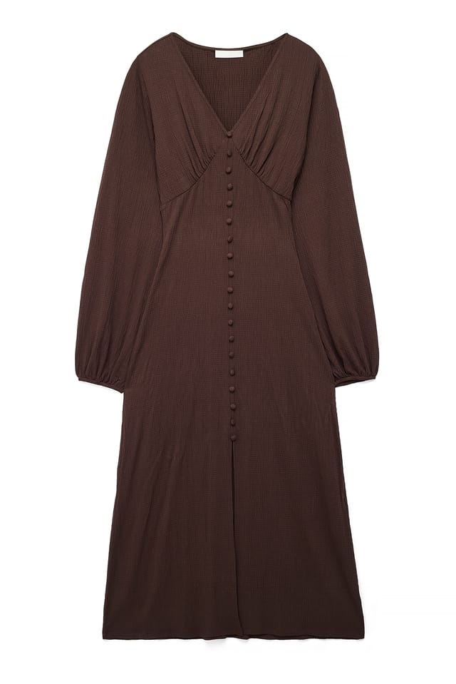 Brown Balloon Sleeve Button Maxi Dress