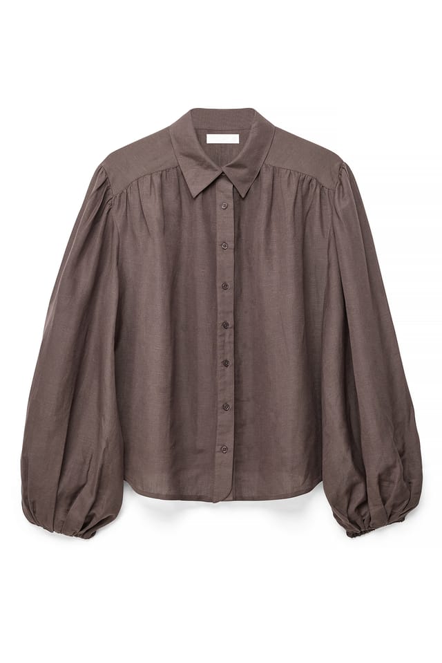 Dark Brown Chemise en lin mélangé à manches bouffantes
