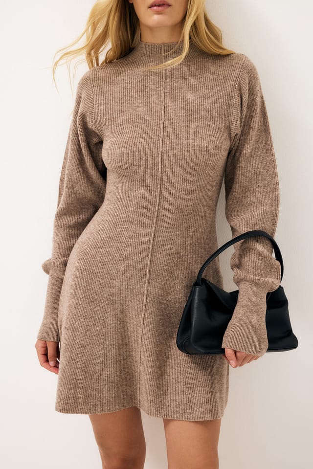Beige Melange Balloon Sleeve Knitted Turtleneck Dress