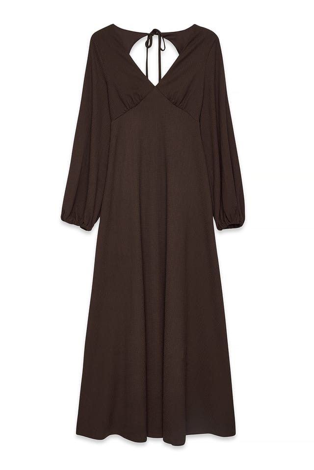 Brown Balloon Sleeve Open Back Maxi Dress