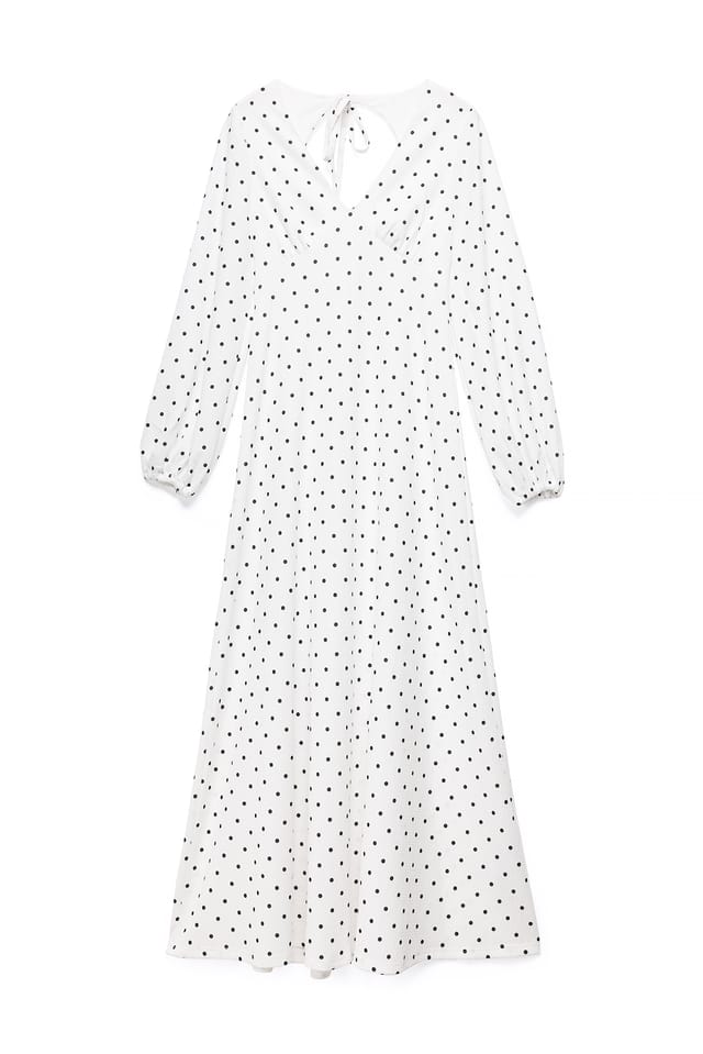 Black/White dots Maxiklänning med ballongärmar och öppen rygg