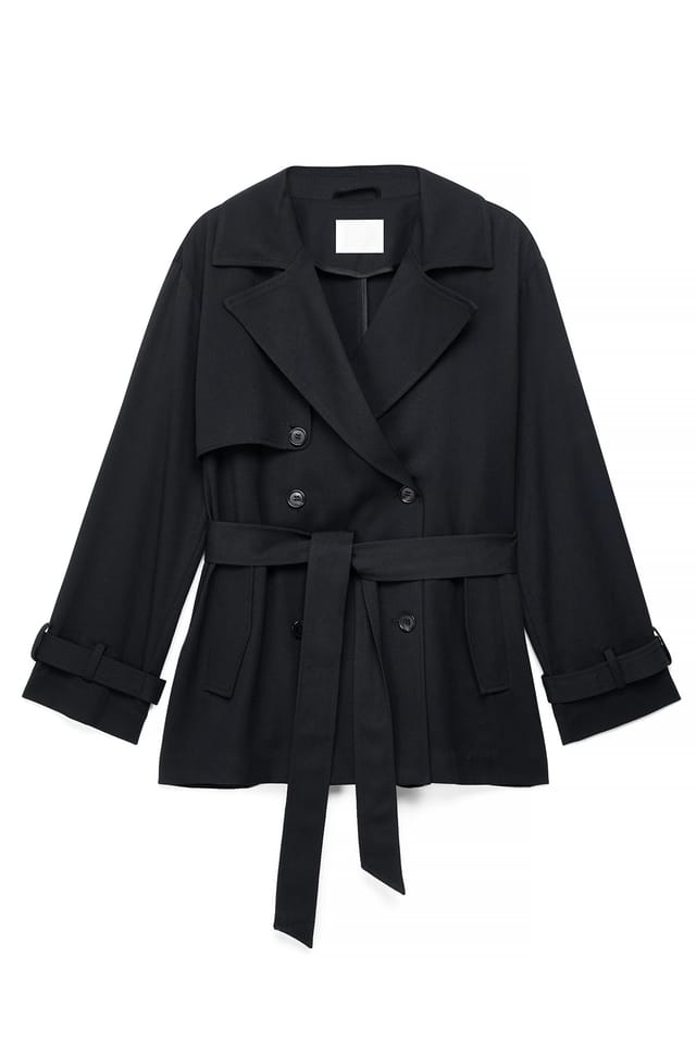 Black Gürtelter Kurz-Trenchcoat