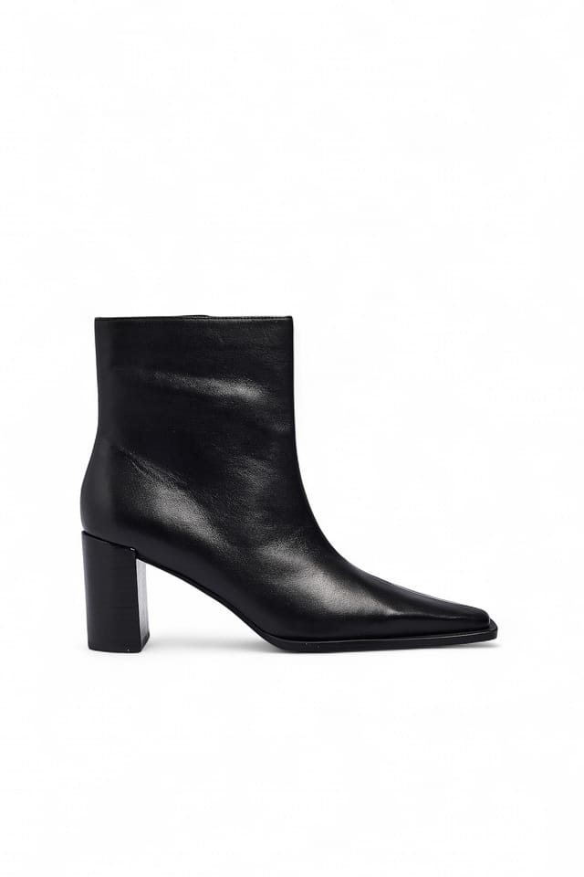 Black Block Heel Leather Ankle Boots
