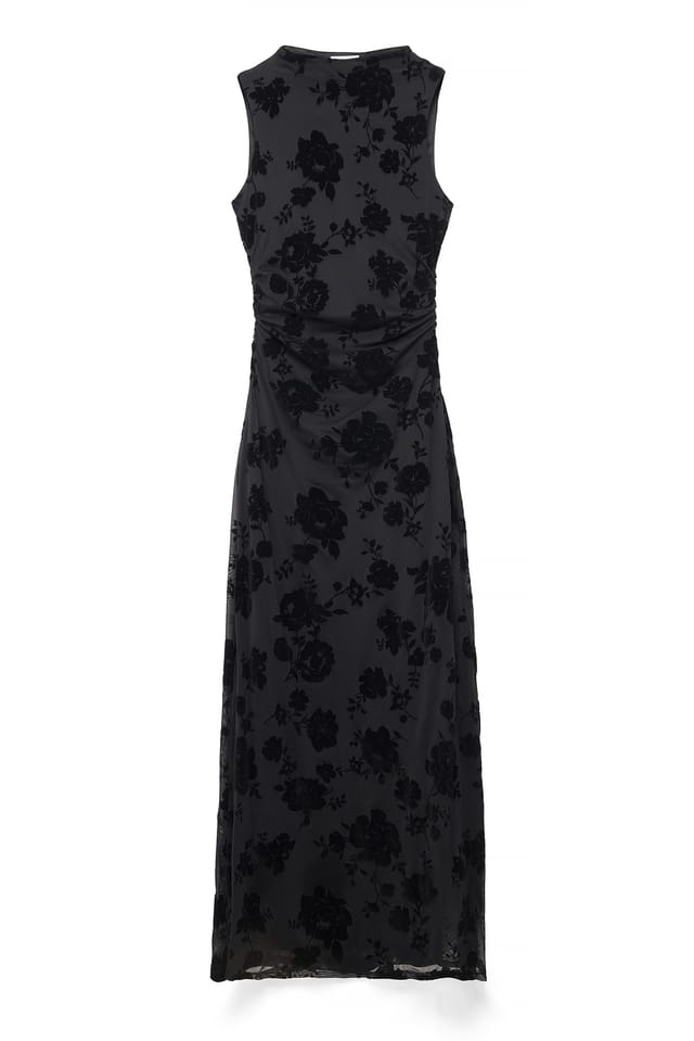 Black Ausgebranntes Maxikleid mit Trichterausschnitt