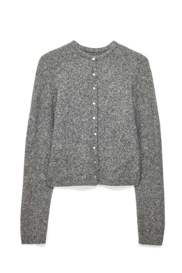 Grey Wool Blend Button Round Neck Knitted Cardigan