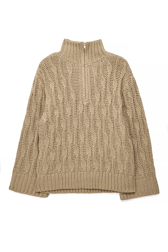Taupe Pullover mit Reißverschlussdetail und Strickmuster