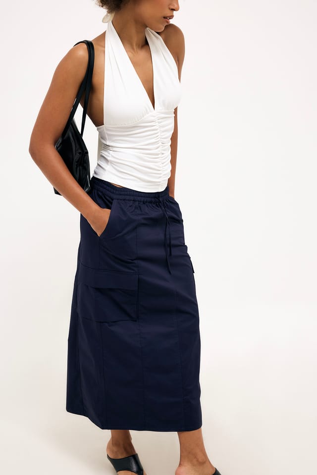 Navy Cotton Cargo Midi Skirt