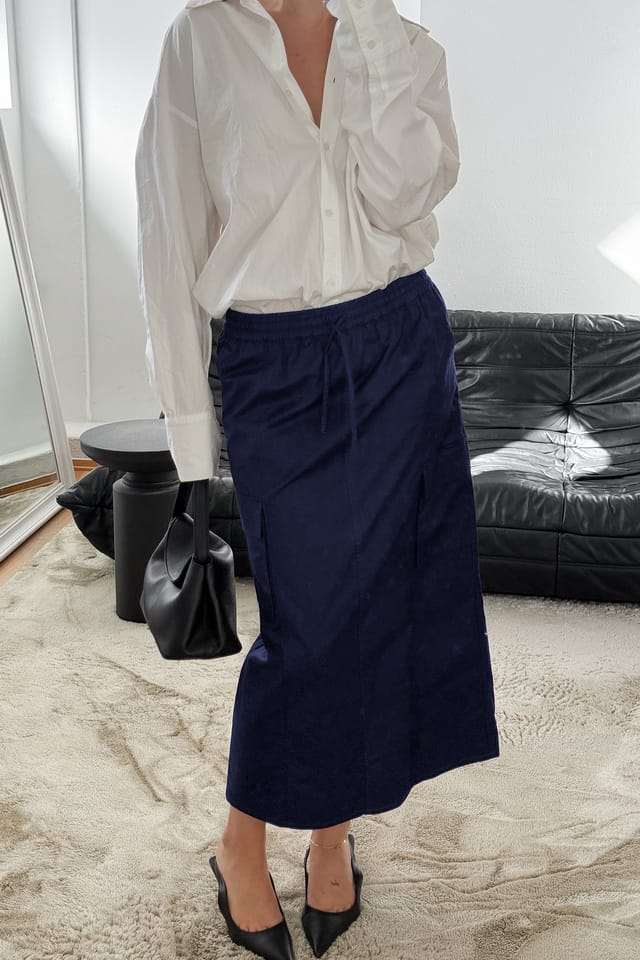 Navy Cotton Cargo Midi Skirt